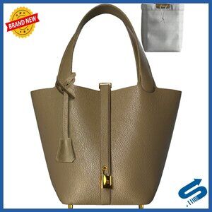 Vegan Leather Bucket Bag Elegant Minimal Chic Compact Lock Design Drawstring
